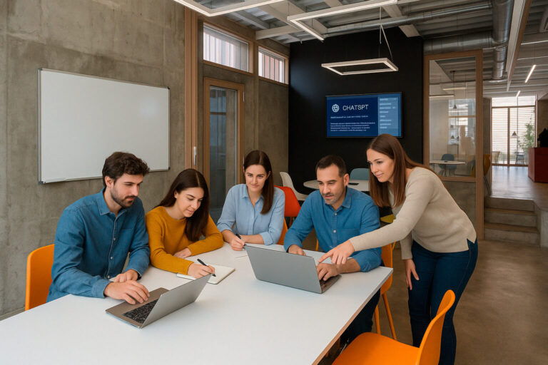 Grup de professionals treballant en equip en una aula del Coworking Xammar a Mataró – Cursos pràctics per dominar eines digitals des del primer dia