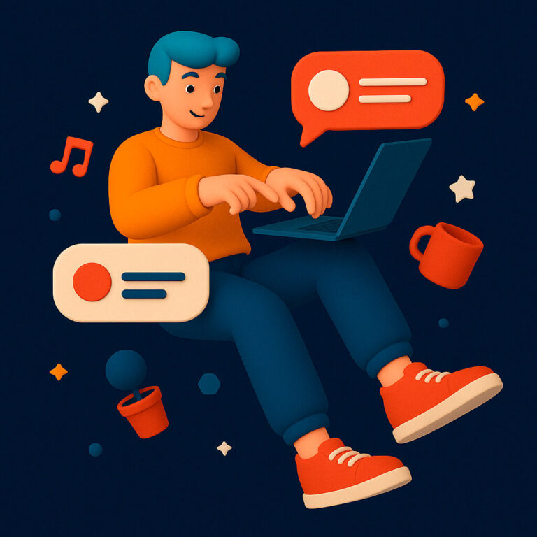 Il·lustració d’un jove creant amb ordinador portàtil envoltat d’elements visuals – Taller d’iniciació a Blender per fer models 3D professionals