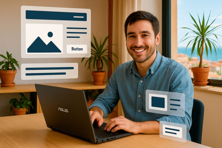 Home somrient davant d’un portàtil amb interfícies flotants – Taller pràctic per aprendre a crear webs amb WordPress de forma autònoma